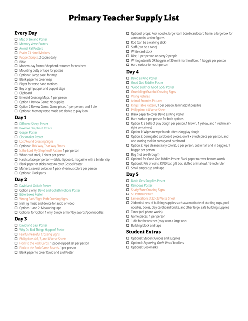 Primary Teacher Supply List